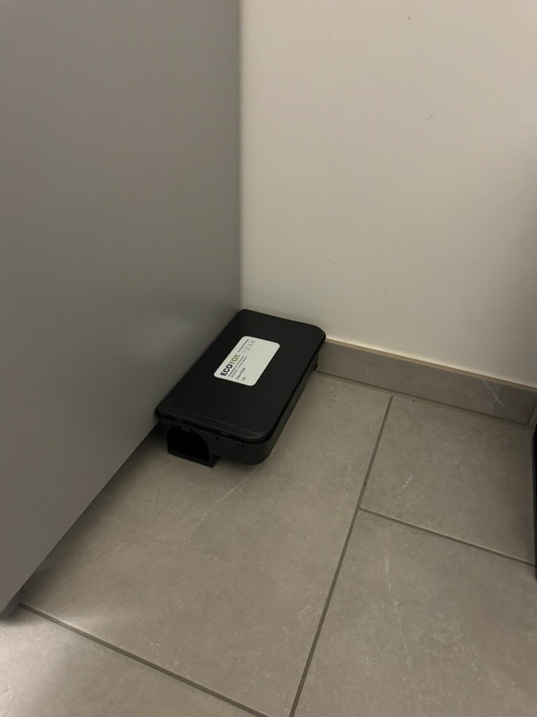Une bo&icirc;te de d&eacute;ratisation noire Ecotox est discr&egrave;tement install&eacute;e dans un angle de sol carrel&eacute; dans le canton de Vaud pour surveiller la pr&eacute;sence de rongeurs.