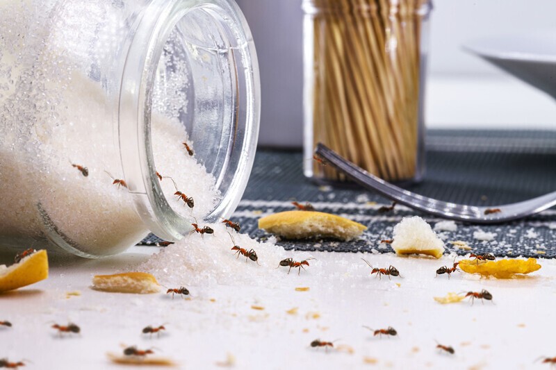 Des fourmis se d&eacute;placent sur une table autour d&rsquo;un pot de sucre renvers&eacute; dans le canton de Vaud, illustrant une infestation domestique n&eacute;cessitant un traitement de d&eacute;sinsectisation.